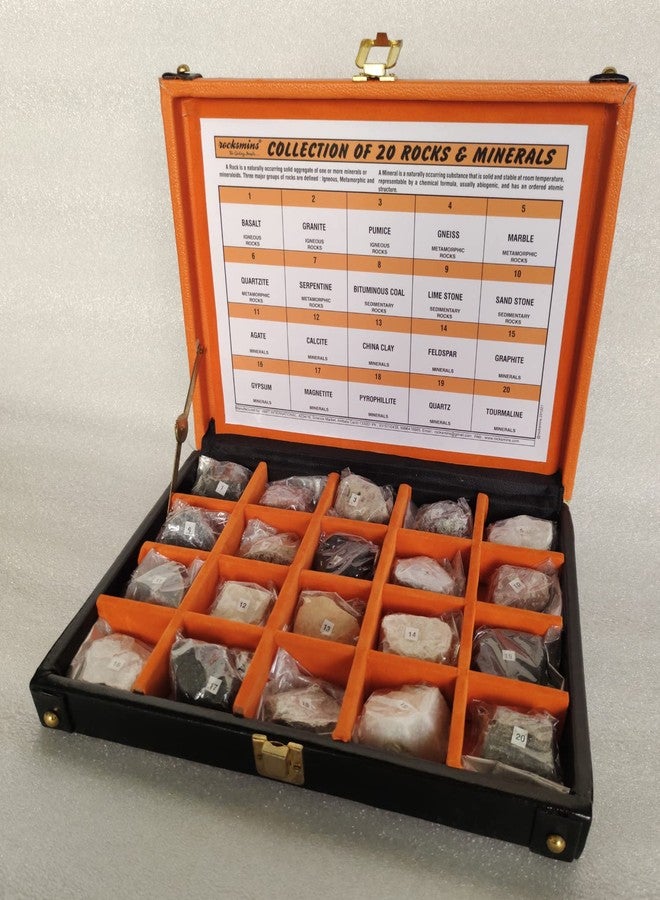 روكسمينز مجموعة روكسمنز RM20WB-برتقالي أسود، تضم 20 صخرة ومعدنًا في صندوق خشبي فاخر وثقيل باللونين البرتقالي والأسود. تحتوي على عينات كبيرة من الصخور النارية والرسوبية والمتحولة والمعادن، وهي مناسبة لمجموعة تعليمية. - Image 3